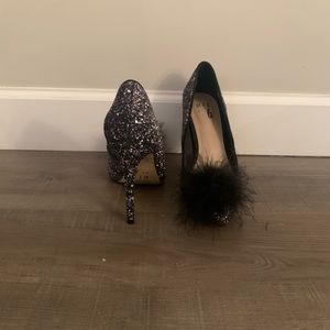 Sparkly Fuzzy Black Heels
